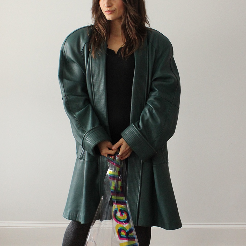 Vintage 1980s Deep Green Leather Womens Swing Coat